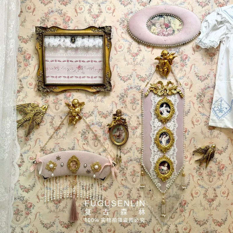 Lighting Room Decor Photo - กรอบรูปติดผนังสไตล์วินเทจทำมือสุดหรูหรา สีชมพูกำมะหยี่ลายนูน สำหรับตกแต่งห้องลูกสาวหรือผนังรูปภาพในบ้าน