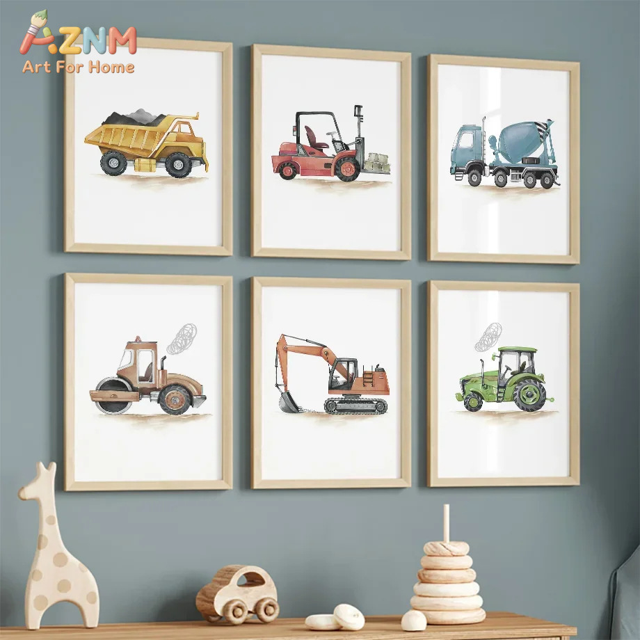 Lighting Mcqueen Bedroom Decor - โปสเตอร์ตกแต่งบ้านลายการ์ตูนรถวิศวกรรม รถขุด สไตล์นอร์ดิกโมเดิร์น 6 ชิ้น สำหรับห้องนอน
