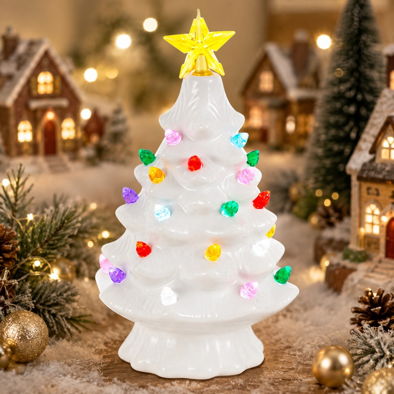 Home Decor Lighting Tree - ต้นคริสต์มาสเซรามิกมีไฟพร้อมหลอดไฟหลากสี ของตกแต่งโต๊ะสไตล์วินเทจสำหรับหมู่บ้านคริสต์มาส ตกแต่งเตาผิงในบ้านสำหรับเทศกาลวันหยุด