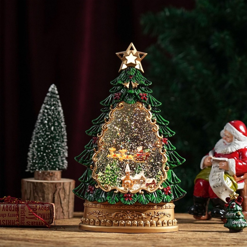 Home Decor Lighting Tree - กล่องดนตรีลูกโลกหิมะ ตกแต่งต้นคริสต์มาสซานตาคลอส พร้อมไฟหมุนและแสงหิมะตก ของขวัญตกแต่งบ้านและสำนักงานสำหรับเทศกาลคริสต์มาส