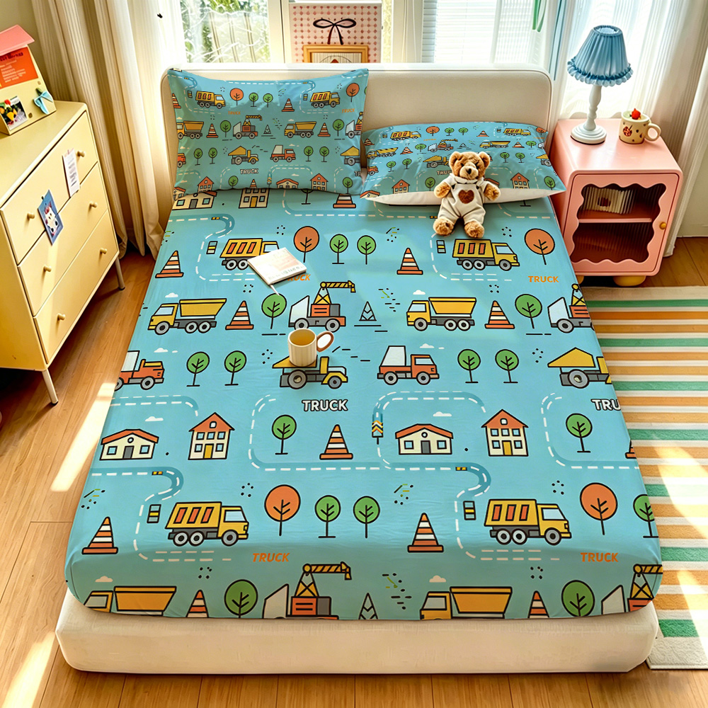 Lighting Mcqueen Bedroom Decor - ชุดผ้าปูที่นอนลายการ์ตูนรถของเล่น 3 ชิ้น ไม่มีขอบ พร้อมผ้าคลุมเตียงนุ่มหลายขนาด ของตกแต่งห้องนอน