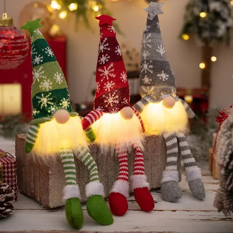 Home Decor Lighting Tree - ตุ๊กตาโนมคริสต์มาสแบบไม่มีหน้า ประดับไฟ LED งานถักนิตติ้ง ของตกแต่งต้นคริสต์มาส ของประดับตกแต่งบ้าน