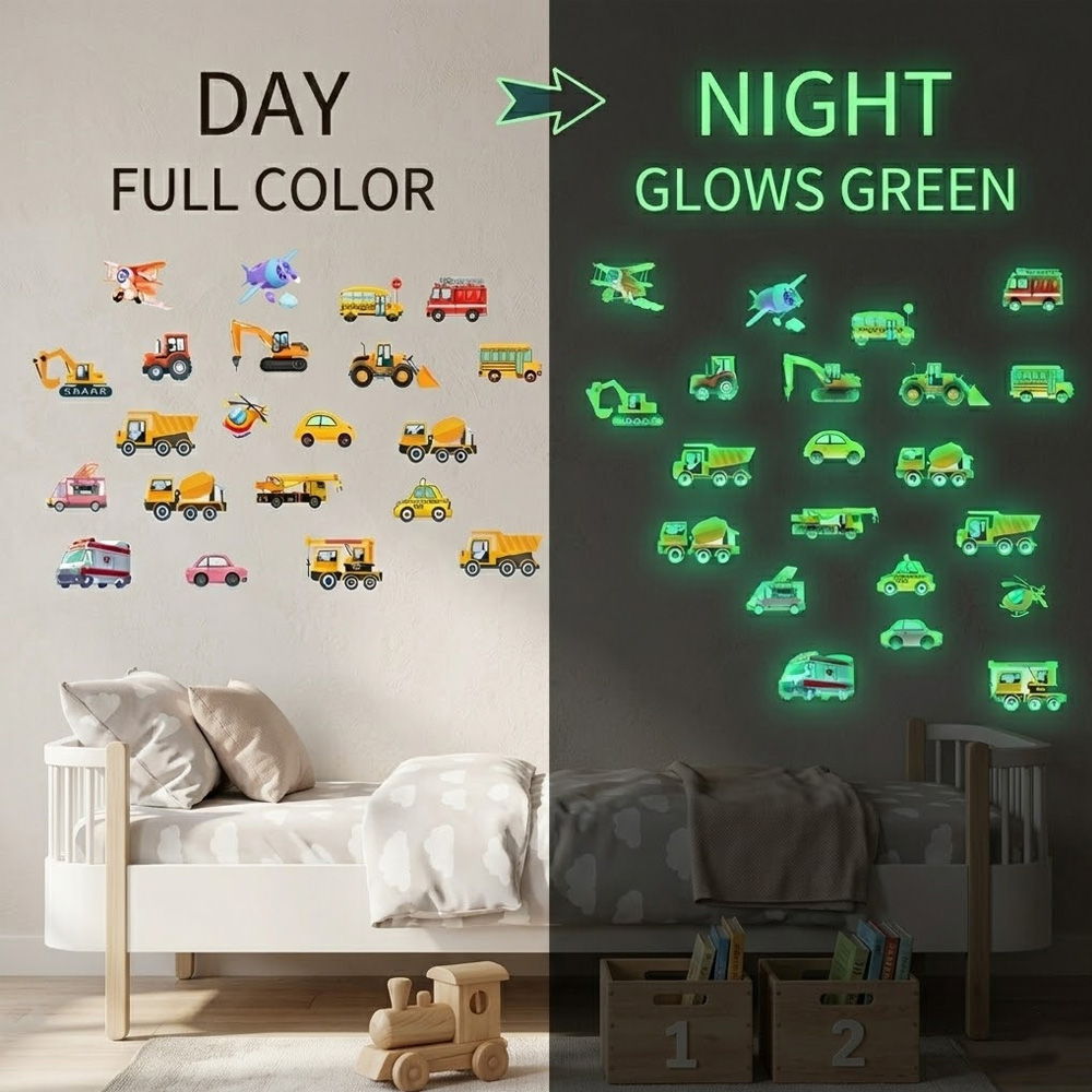Lighting Mcqueen Bedroom Decor - สติกเกอร์ติดผนังรถยนต์เรืองแสง ชุด 21 ชิ้น สีคู่กลางวันกลางคืน เรืองแสงในที่มืด