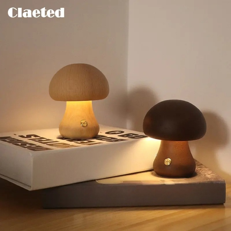 Mushroom Table Lamp - โคมไฟกลางคืนทำจากไม้ claeted สวิตช์ไฟ LED น่ารักเวลากลางคืนสำหรับห้องนอนห้องเด็กนอน