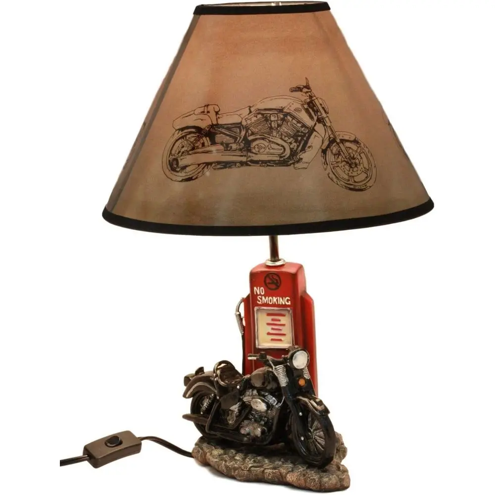 Lighting Decor For Home - โคมไฟตั้งโต๊ะรูปปั๊มน้ำมันรถมอเตอร์ไซค์สีดำสไตล์วินเทจเรโทร พร้อมโคมไฟ ขนาดสูง 19 นิ้ว ตกแต่งบ้านธีม